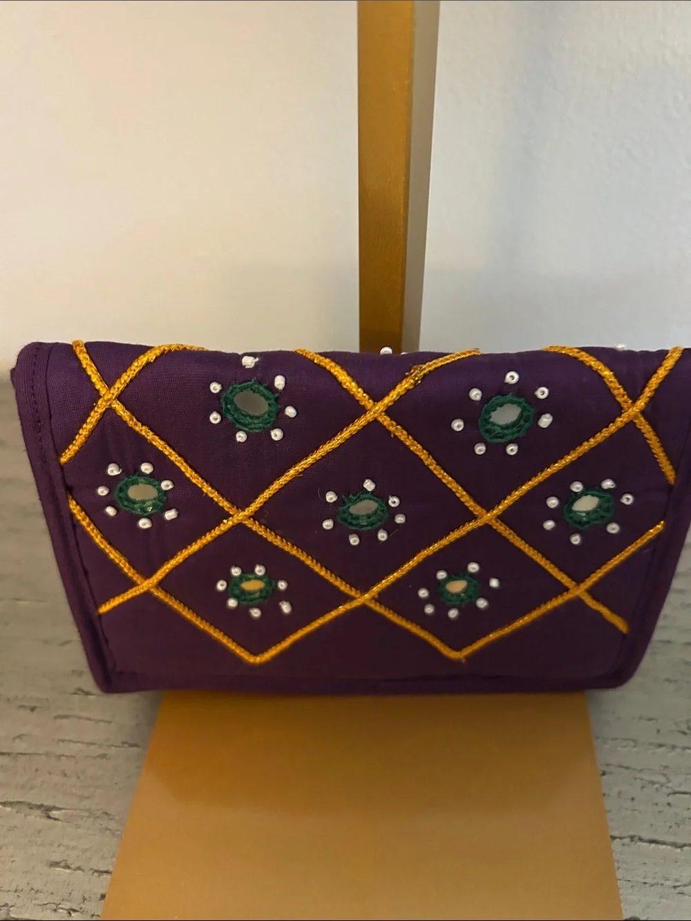 Embellished Purple Women's Clutch with Gold Stitching 6.5x4.5